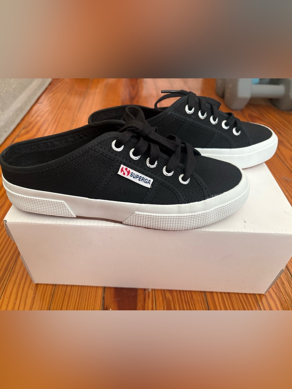 Superga Black Canvas Slip-On Mule Sneakers with White Sole